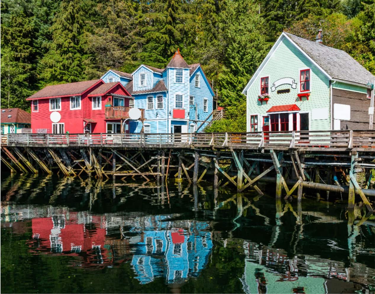 View of storefronts along Creek Street in Ketchikan, Alaska