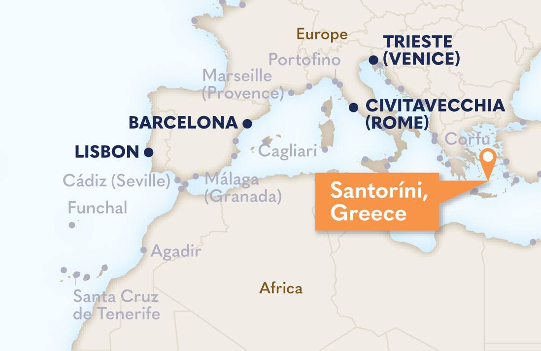 Map locating Santorini, Greece.