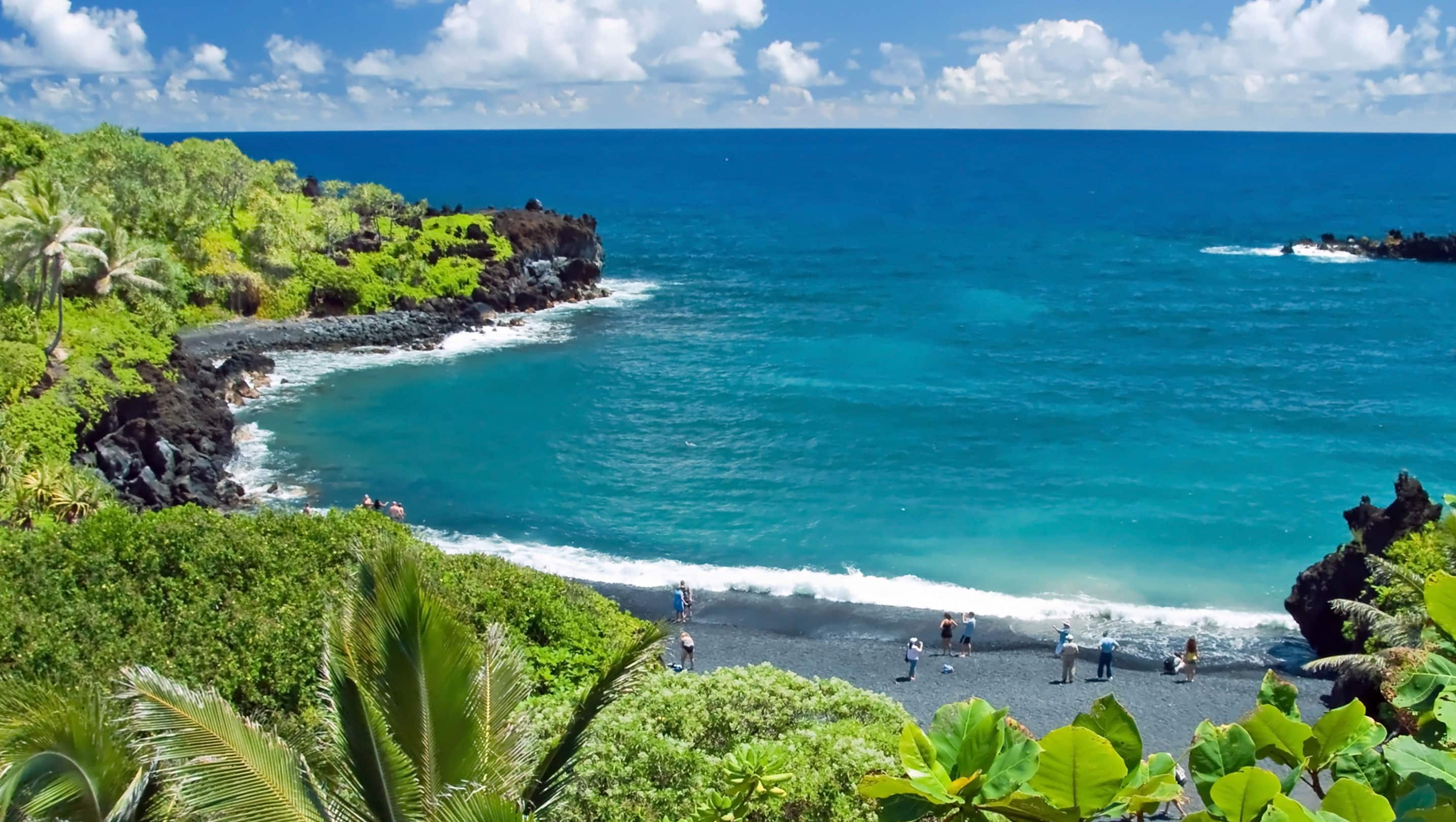 A rocky cove along Hawaii's black sand beach