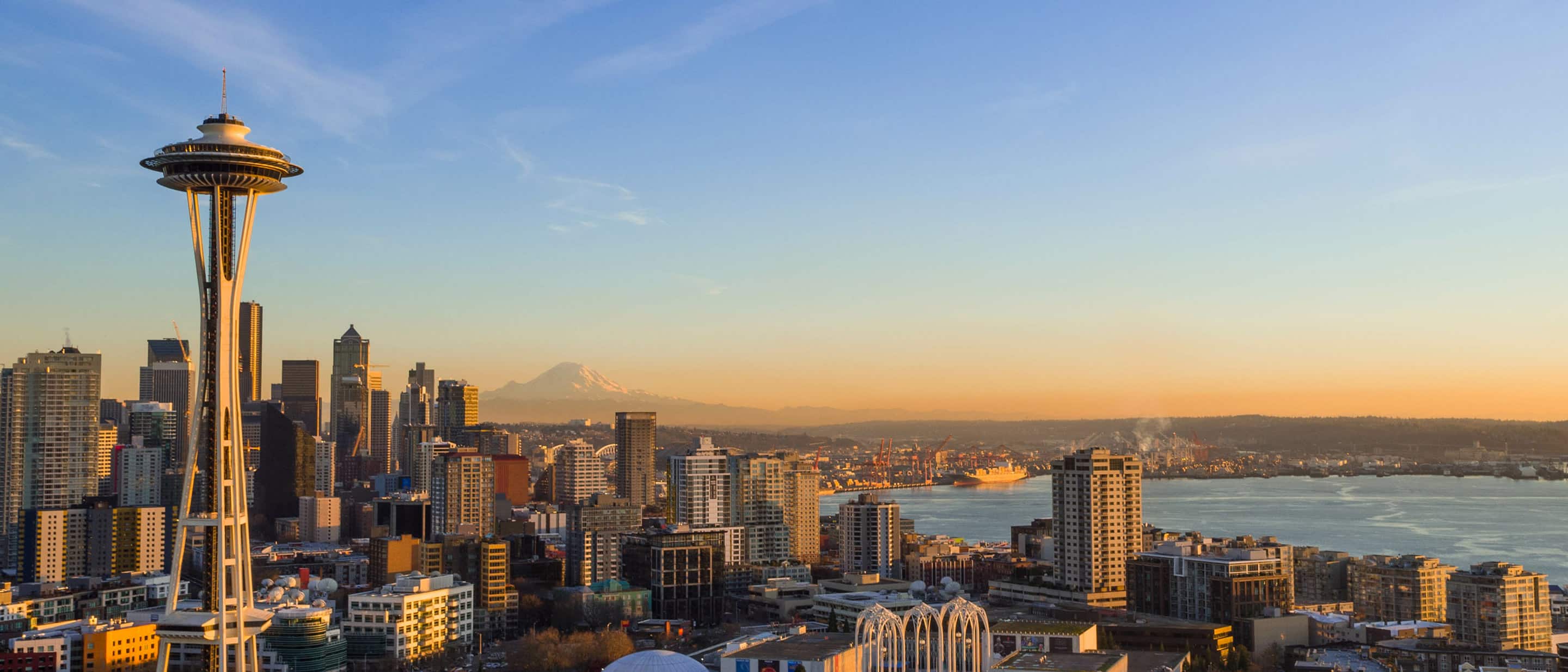 Seattle skyline at dusk, featuring the Space Needle