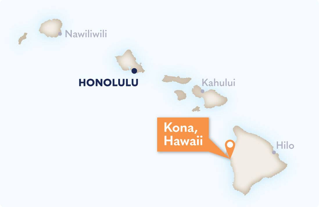 Map of Hawaii highlighting Kona