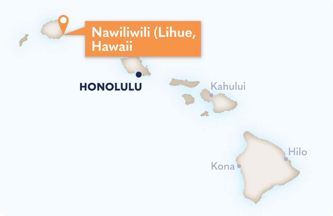 Map of Hawaii highlighting Nawiliwili and Lihue