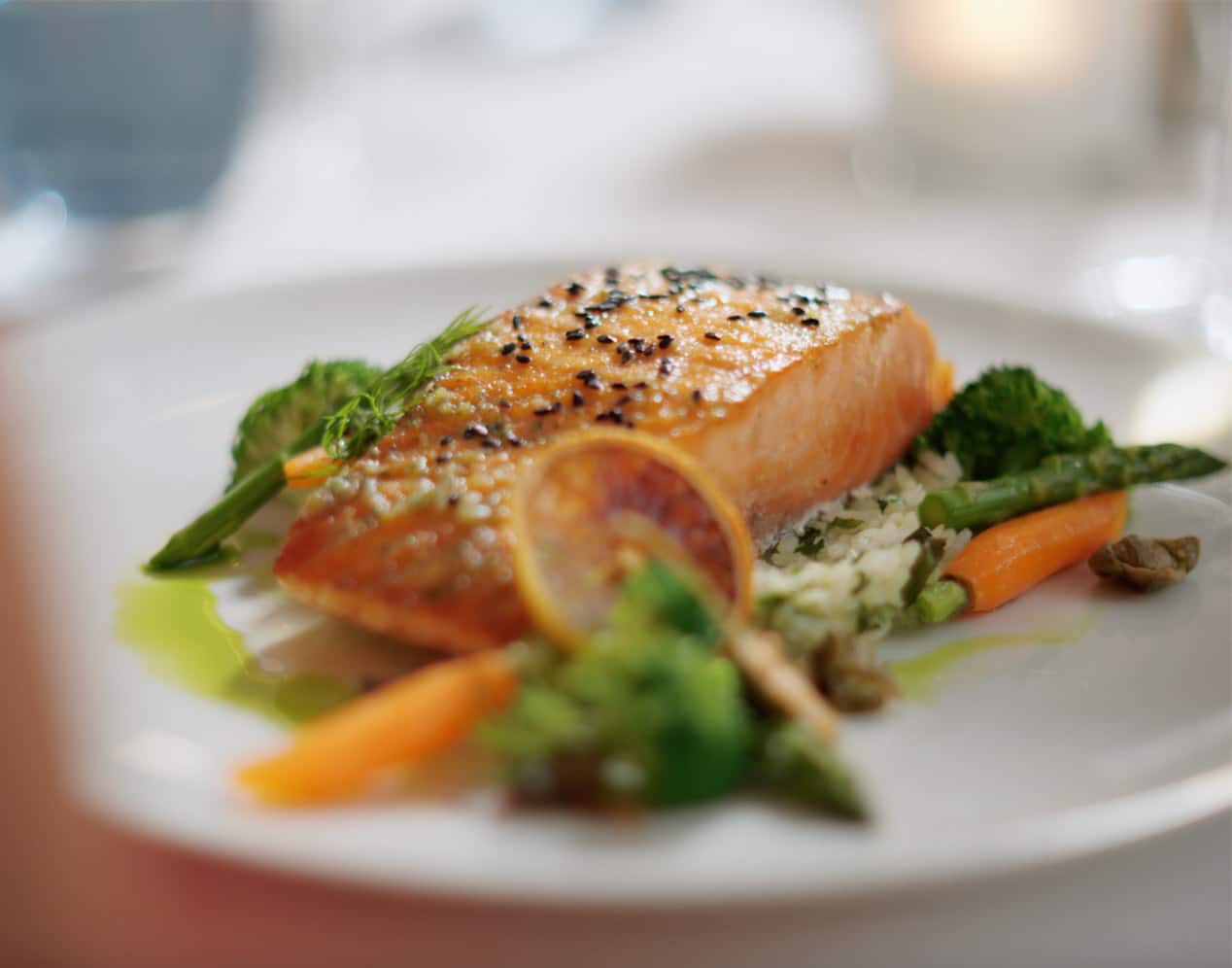 Photo of a delicious salmon dinner on a Holland America cruise